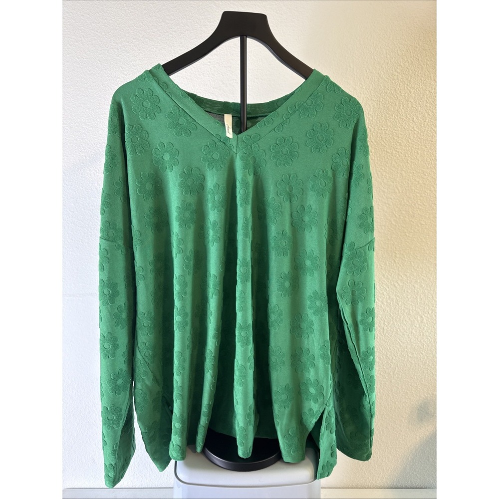 Hesed Women's Green Floral Print Long Sleeve Top Size XL